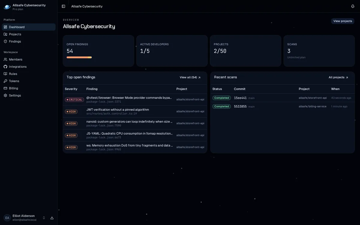 The Atmos dashboard listing findings for a workspace, with severity, rule and repository for each one.